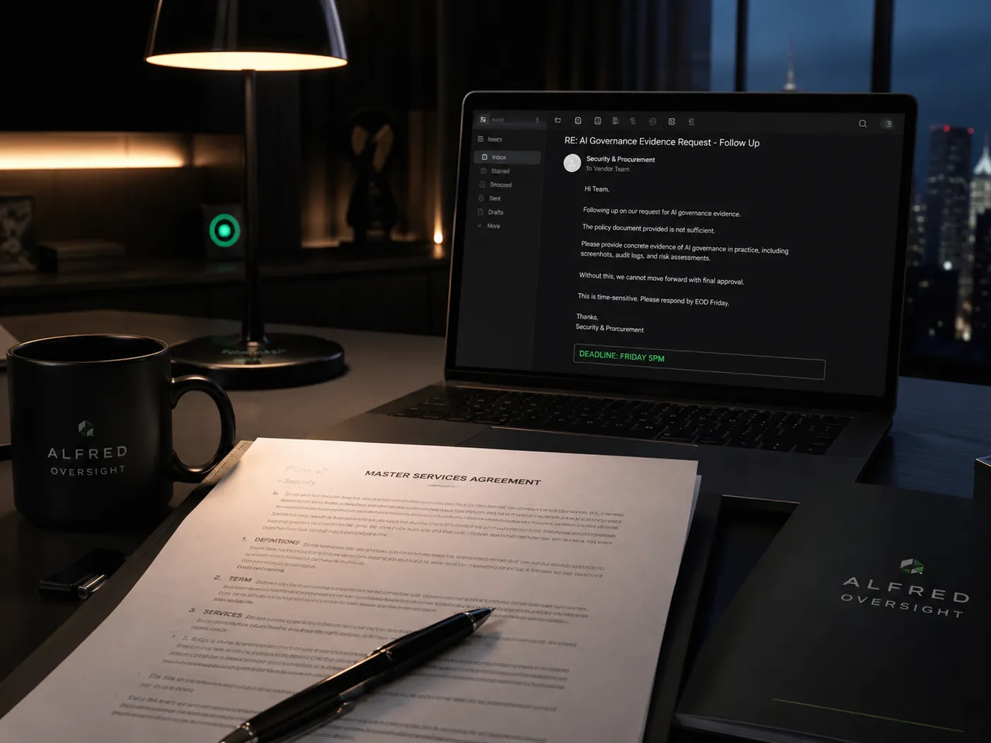 A late-night desk with a Master Services Agreement and a laptop showing an AI Governance Evidence Request marked Deadline Friday 5PM.