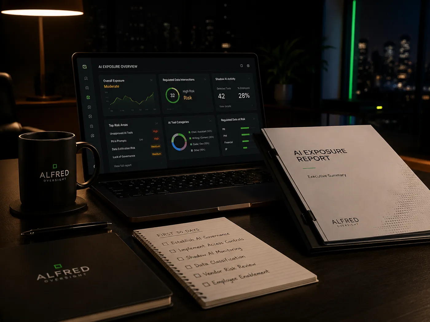 A desk with a laptop showing an AI Exposure Overview dashboard, a printed AI Exposure Report executive summary, and a First 30 Days notebook checklist.