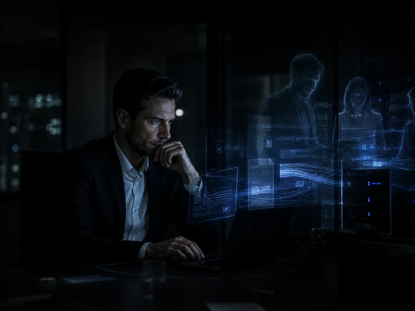 An executive alone at a laptop late at night, documents streaming from the screen as glowing data while faint reflections of colleagues appear in the glass: the AI use he cannot see.