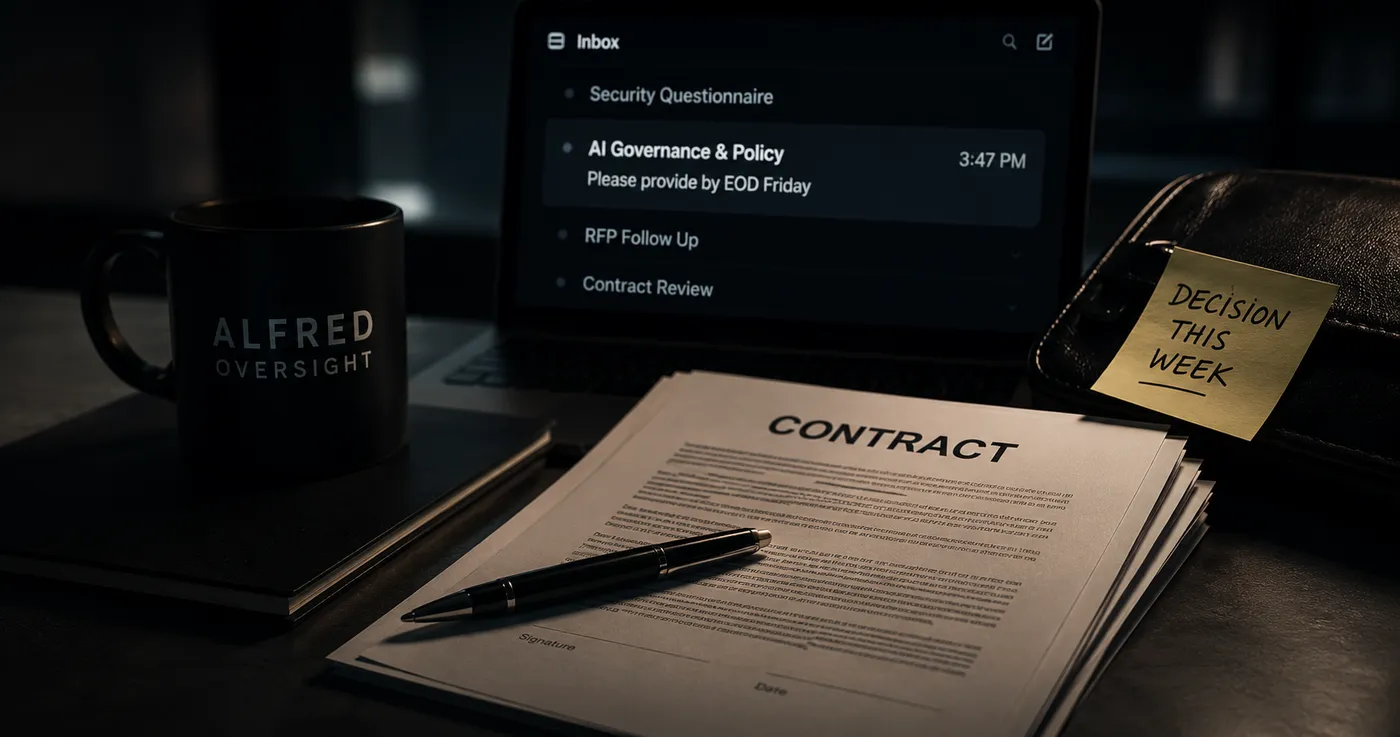 A signed contract and pen beside a laptop inbox flagged AI Governance and Policy, due by end of day Friday, with a sticky note reading Decision this week.